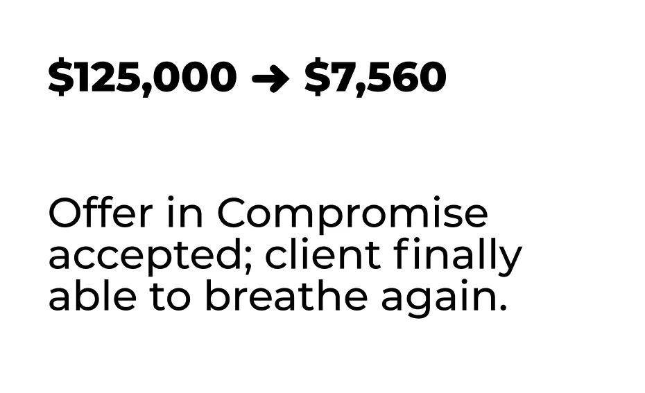 $125,000 → $7,560 Offer in Compromise accepted; client finally able to breathe again.